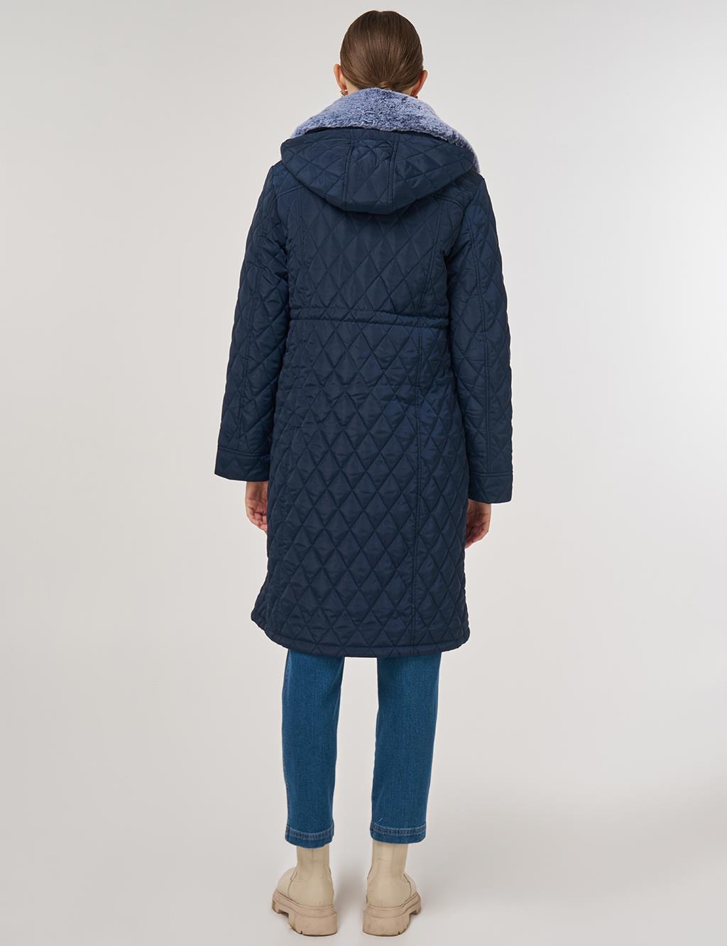 Fur-Detail Anorak Coat in Navy