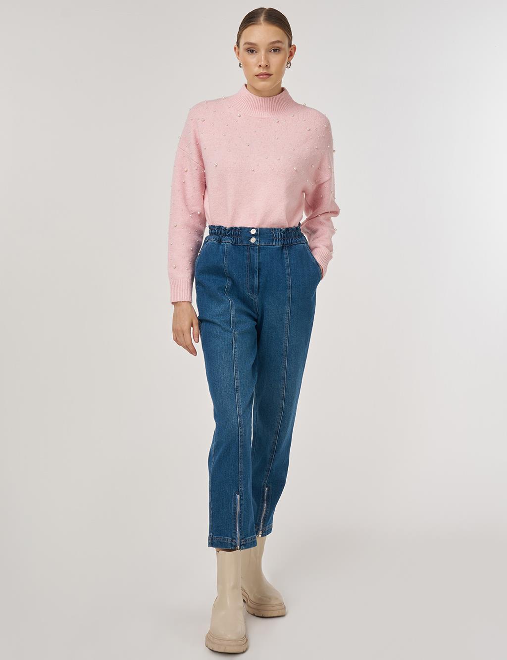 Zip Detailed Denim Trousers Navy 