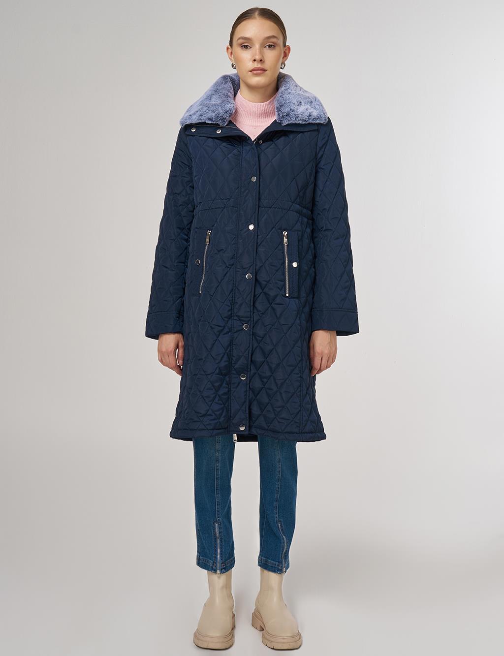 Fur-Detail Anorak Coat in Navy