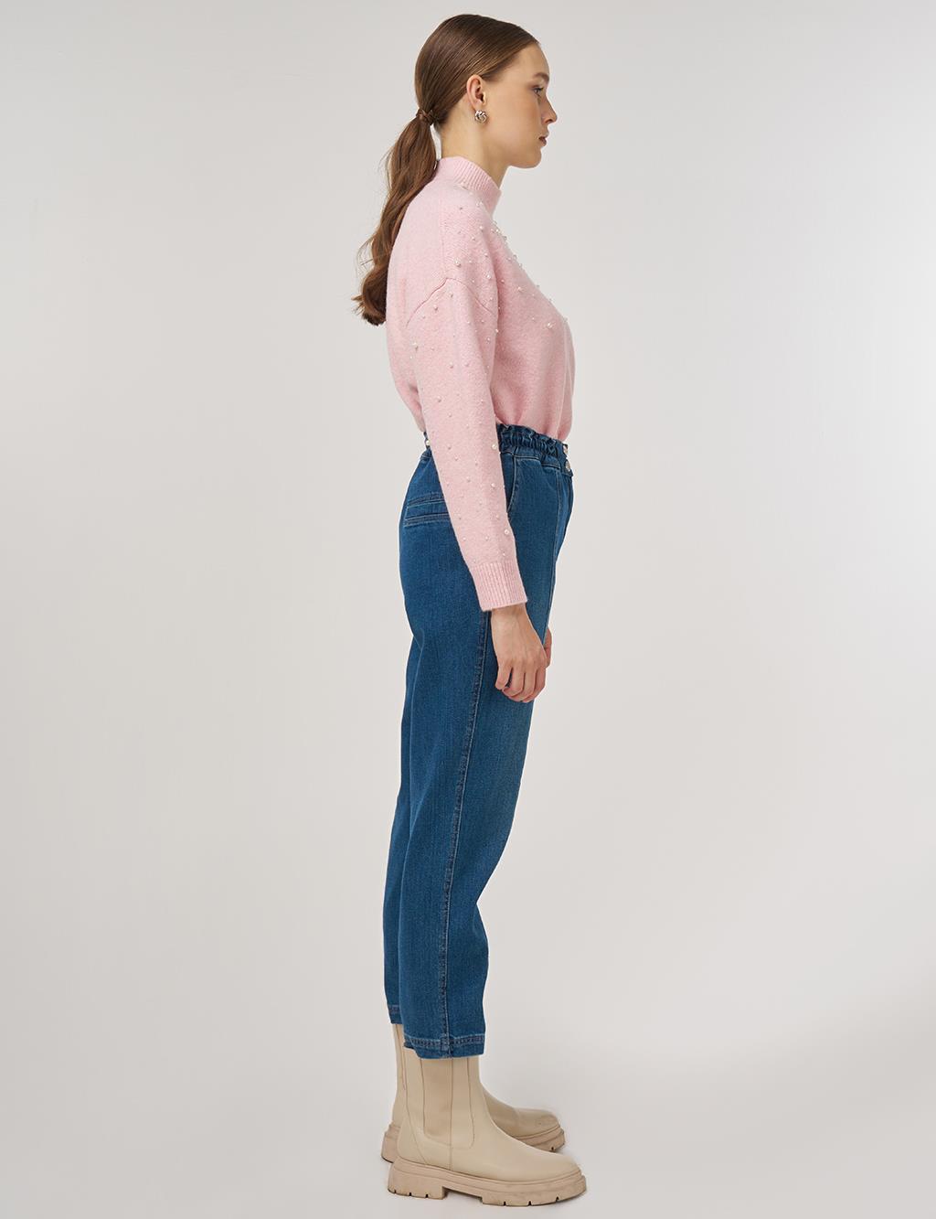 Zip Detailed Denim Trousers Navy 