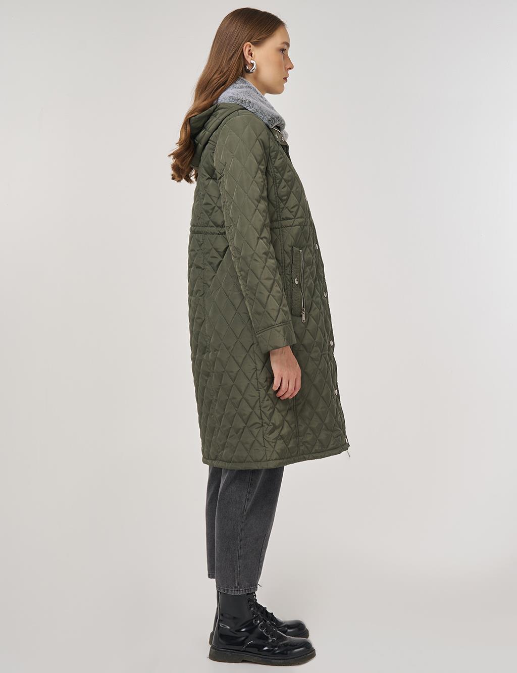 Fur-Detail Anorak Coat in Khaki