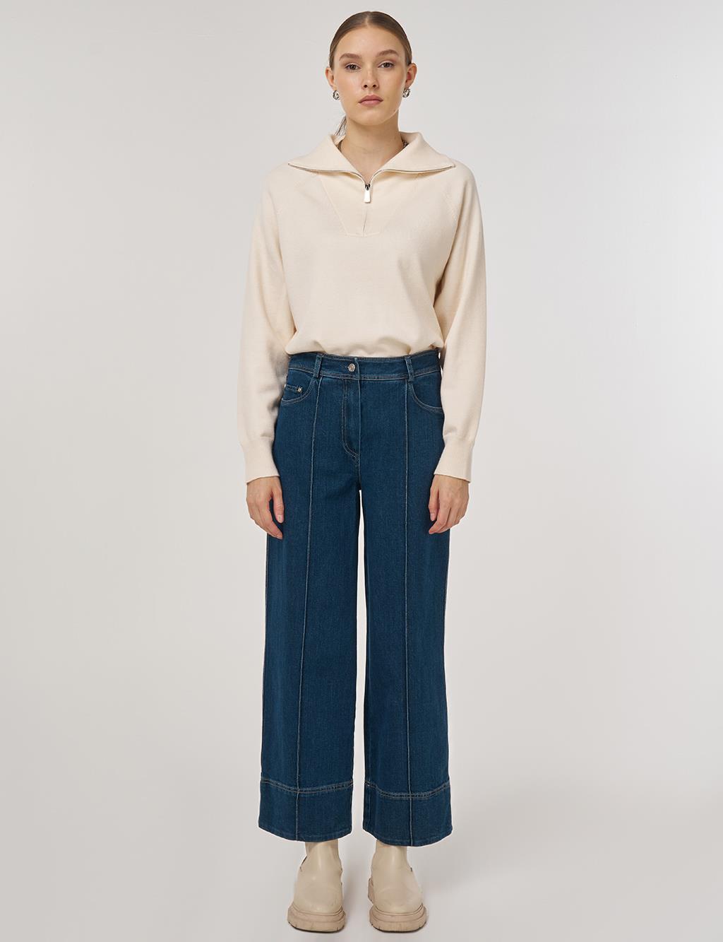 Topstitched Denim Pants Navy