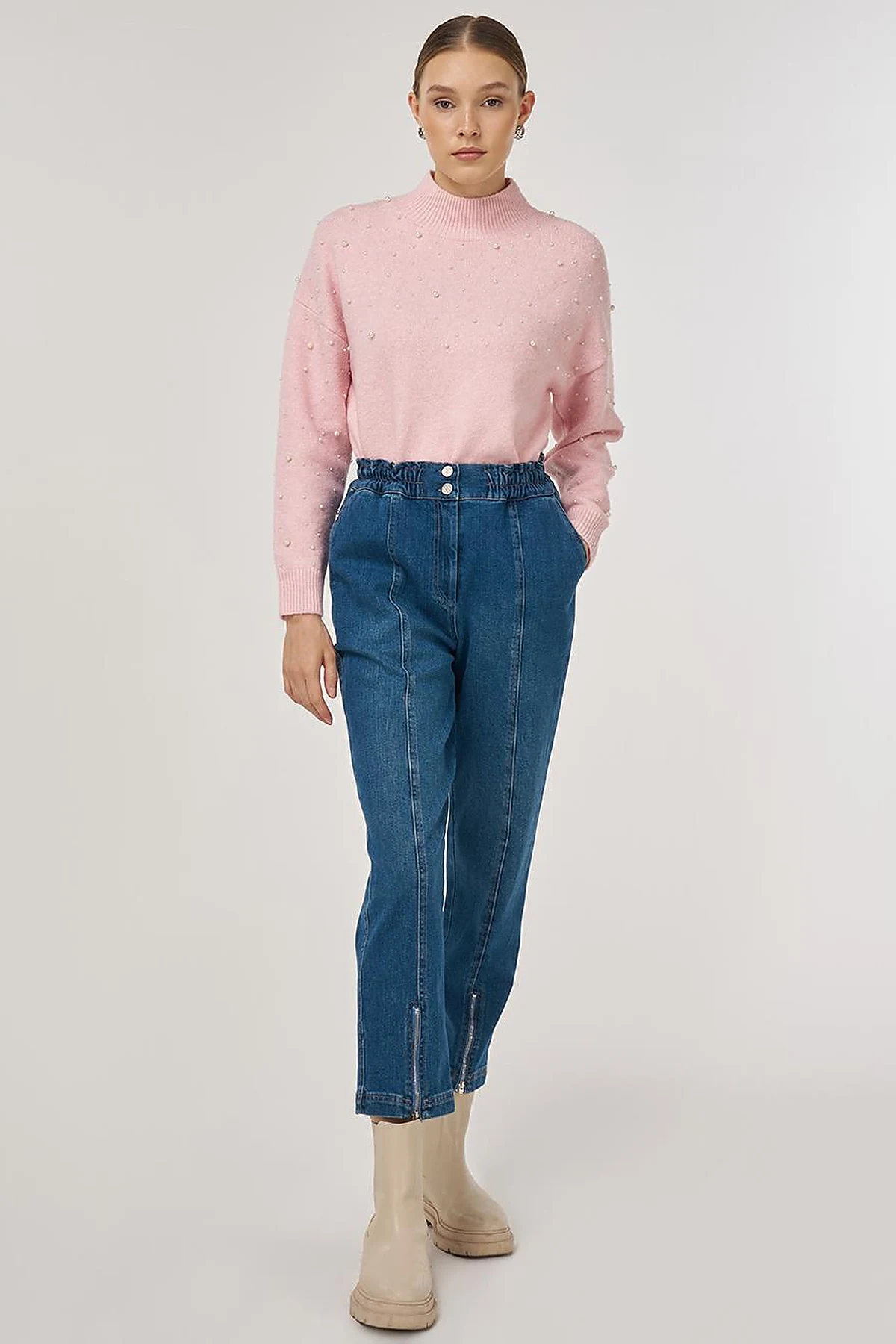 Zip Detailed Denim Trousers Navy 