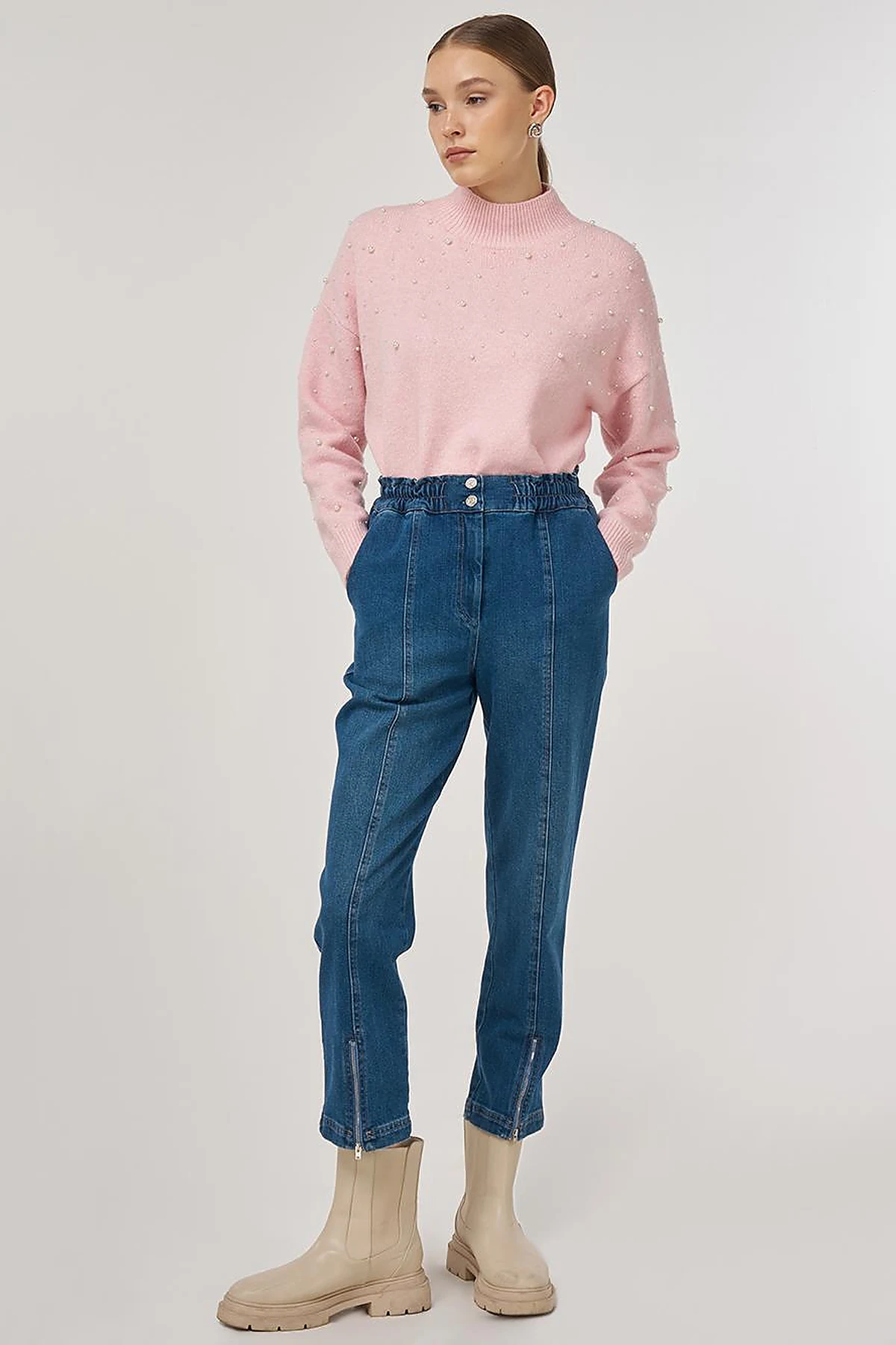 Zip Detailed Denim Trousers Navy 