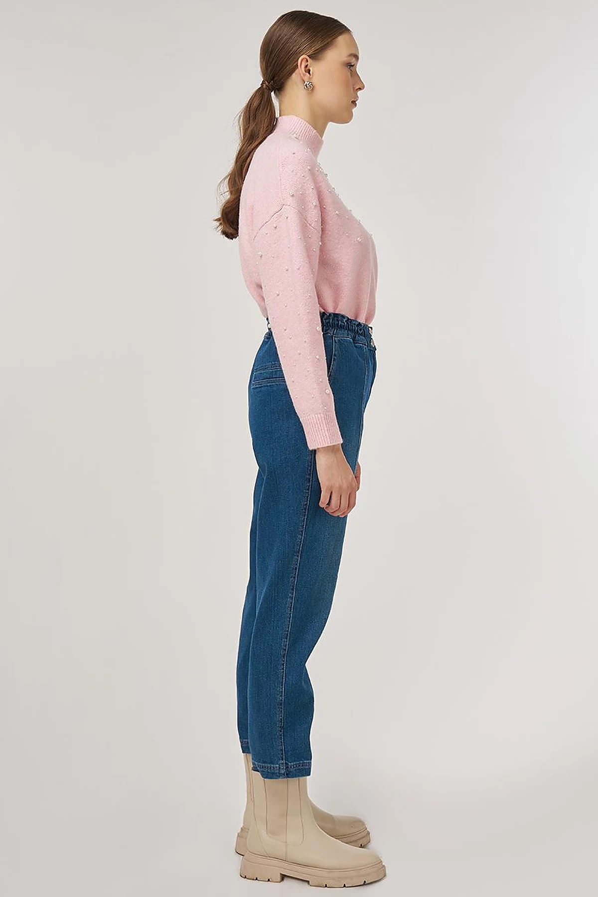 Zip Detailed Denim Trousers Navy 