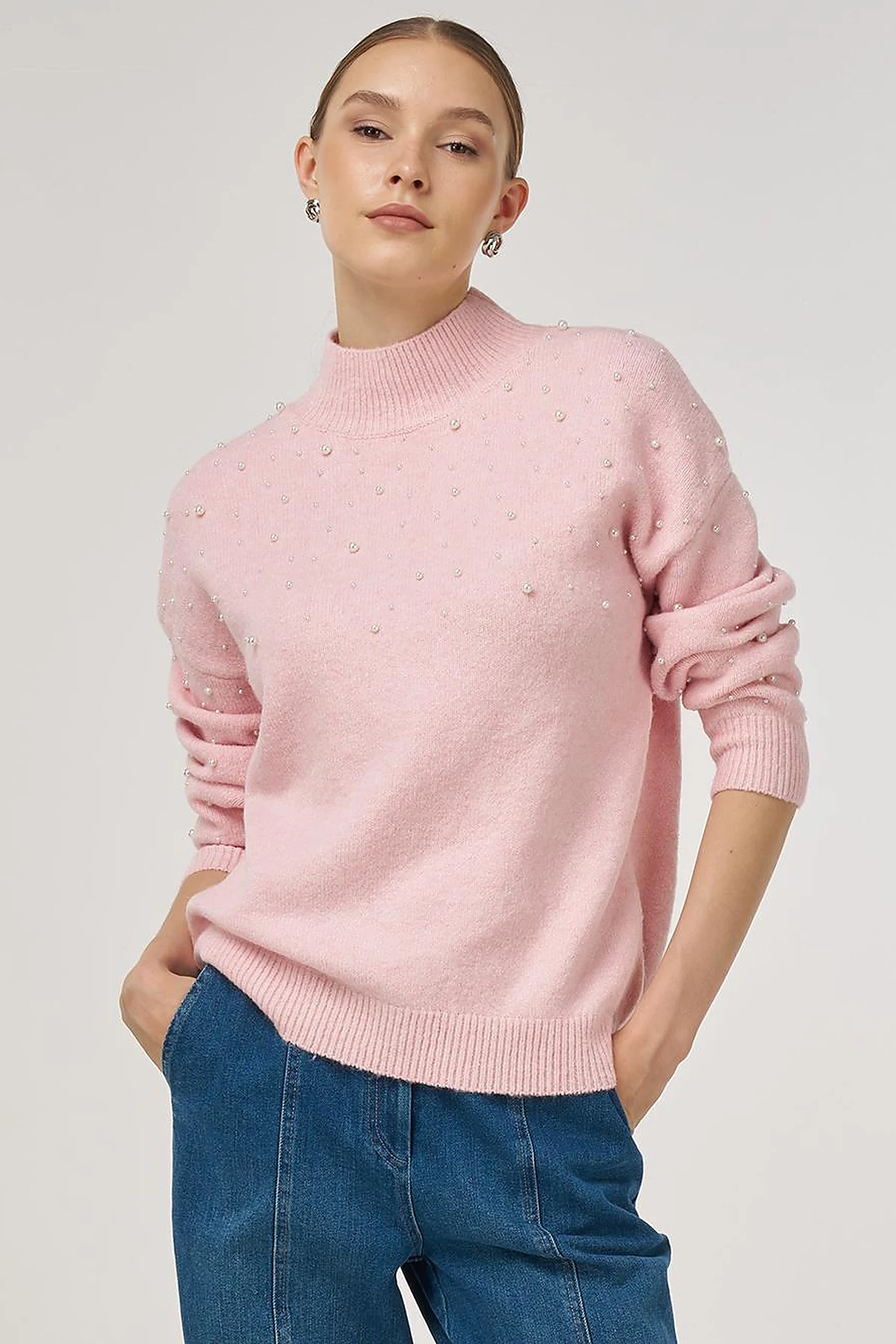 Pearl-Embellished Wool-Blend Knit Sweater Powder Pink 
