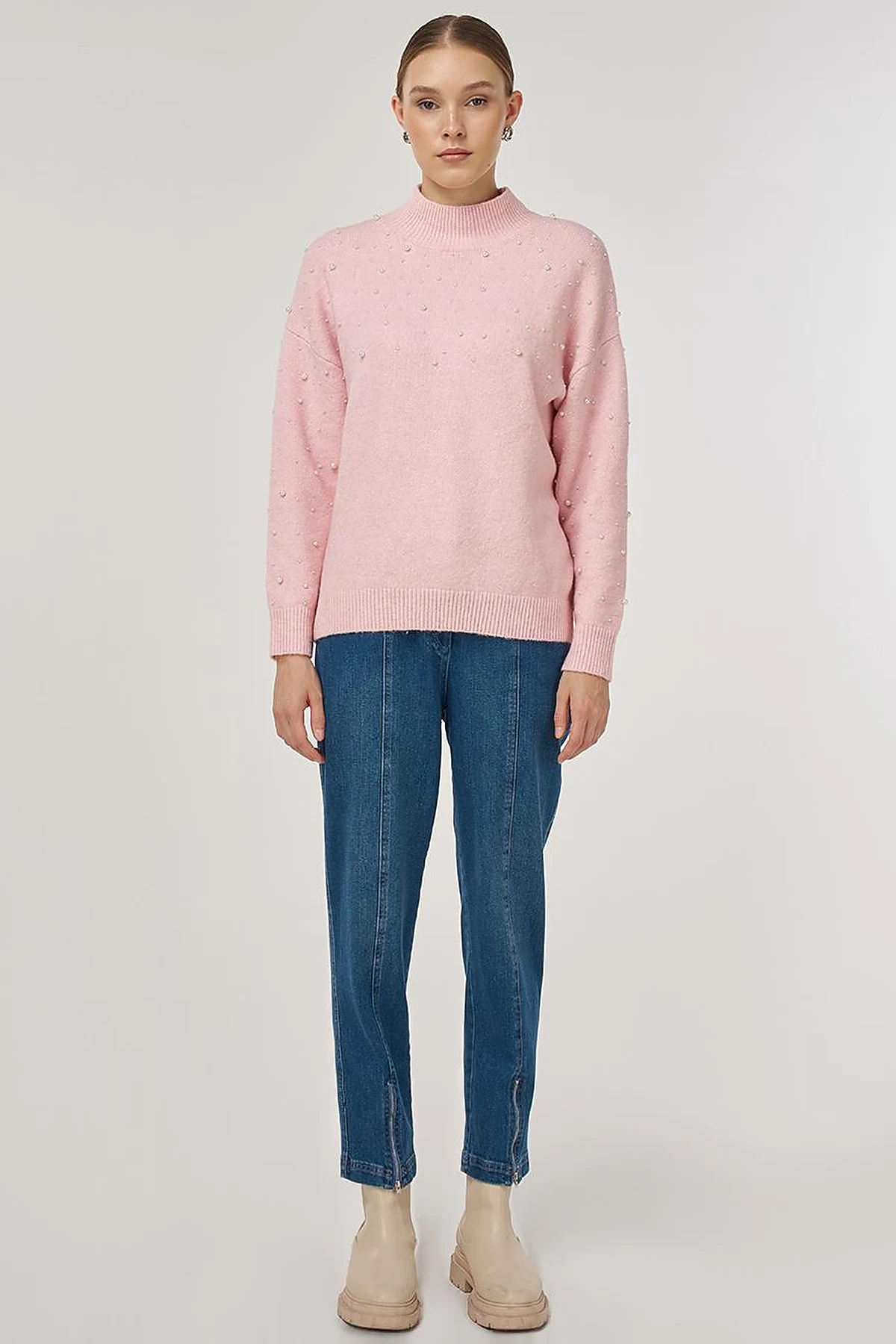 Pearl-Embellished Wool-Blend Knit Sweater Powder Pink 