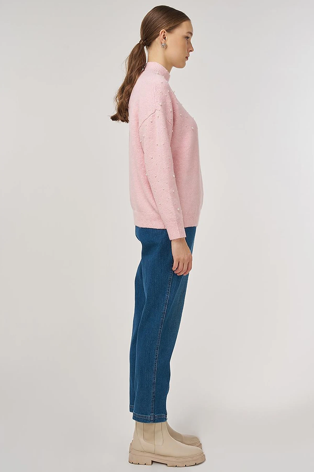Pearl-Embellished Wool-Blend Knit Sweater Powder Pink 