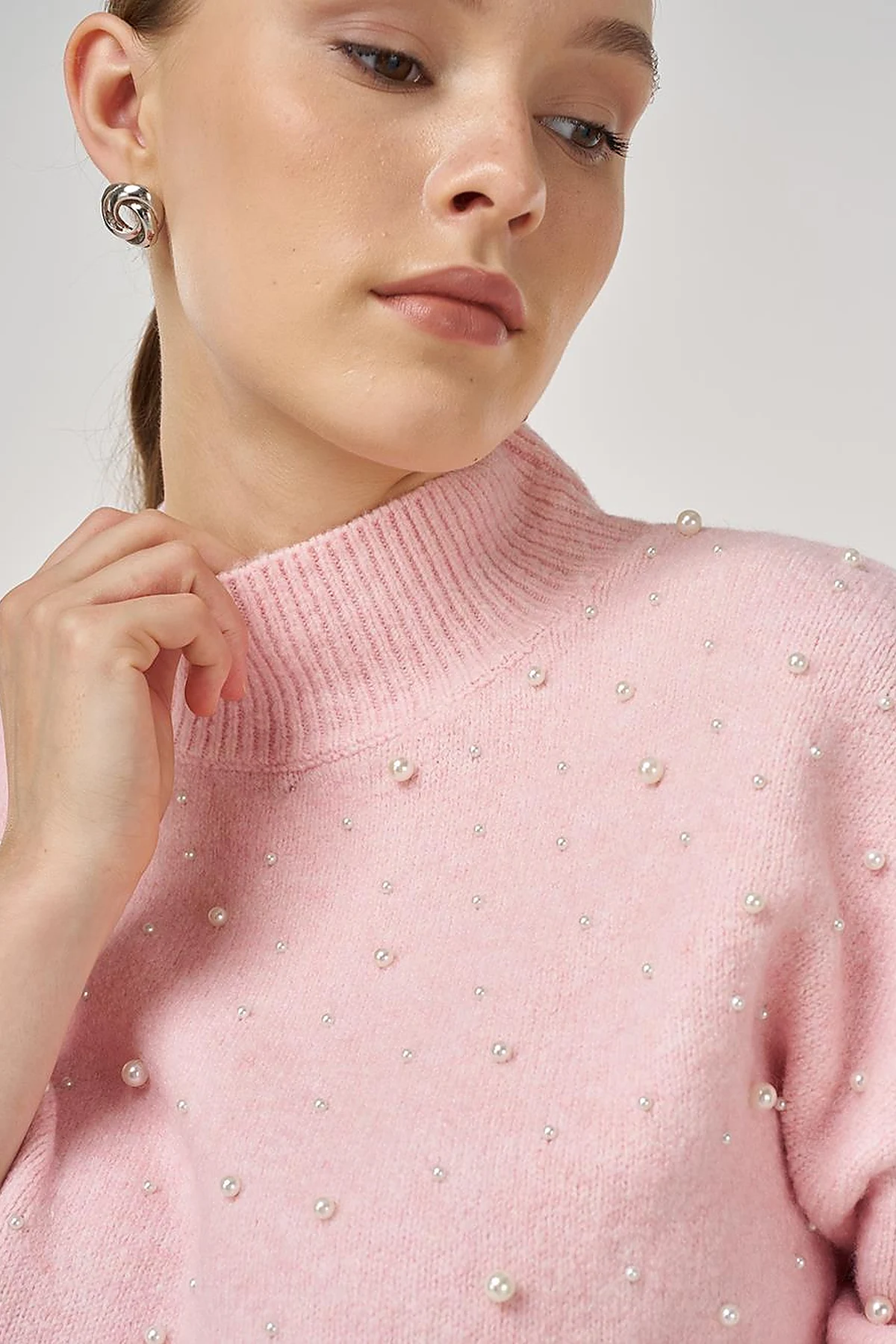 Pearl-Embellished Wool-Blend Knit Sweater Powder Pink 