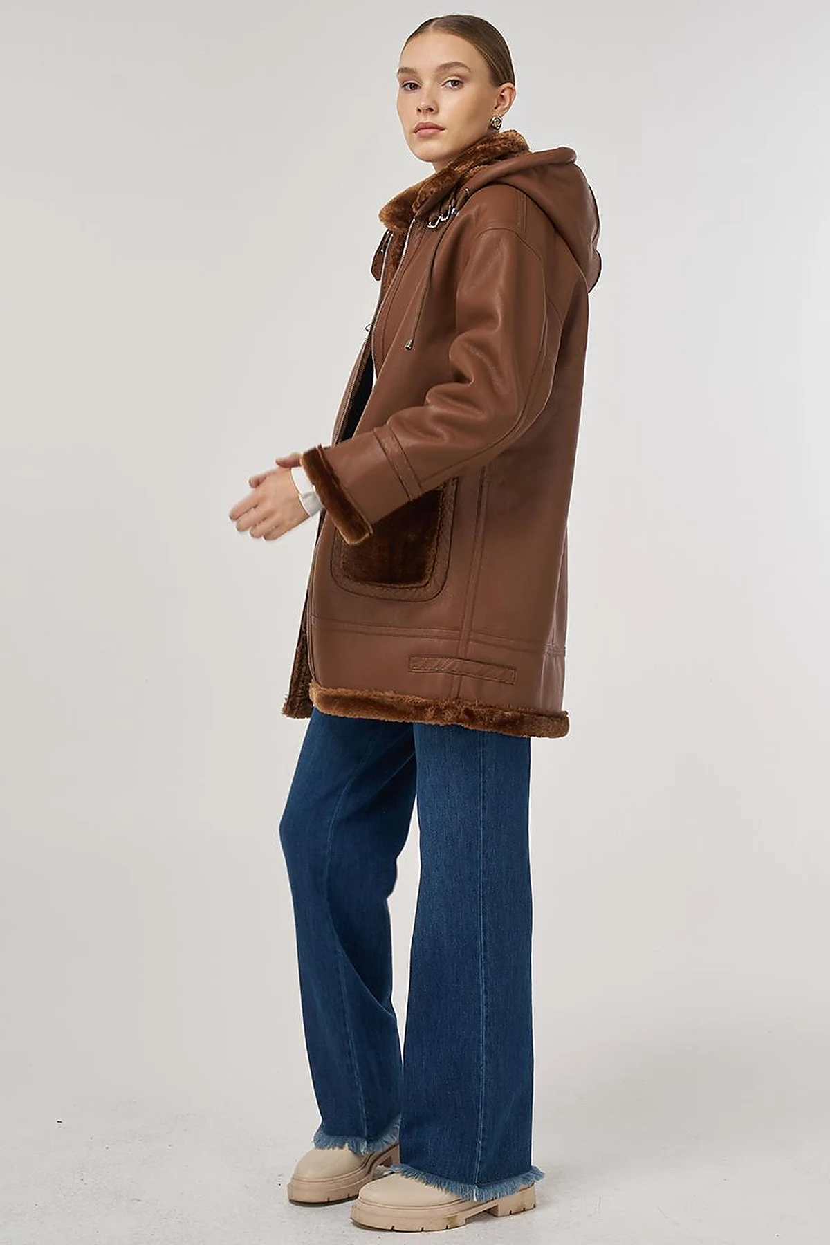 Belted Faux Leather Coat Dark Camel 