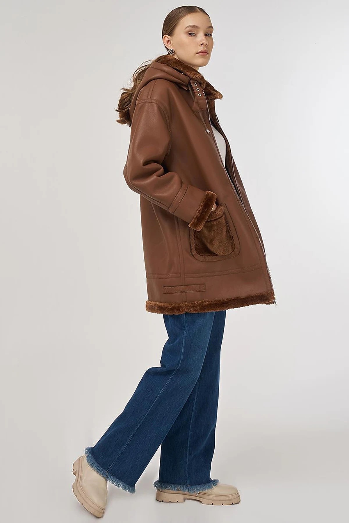 Belted Faux Leather Coat Dark Camel 