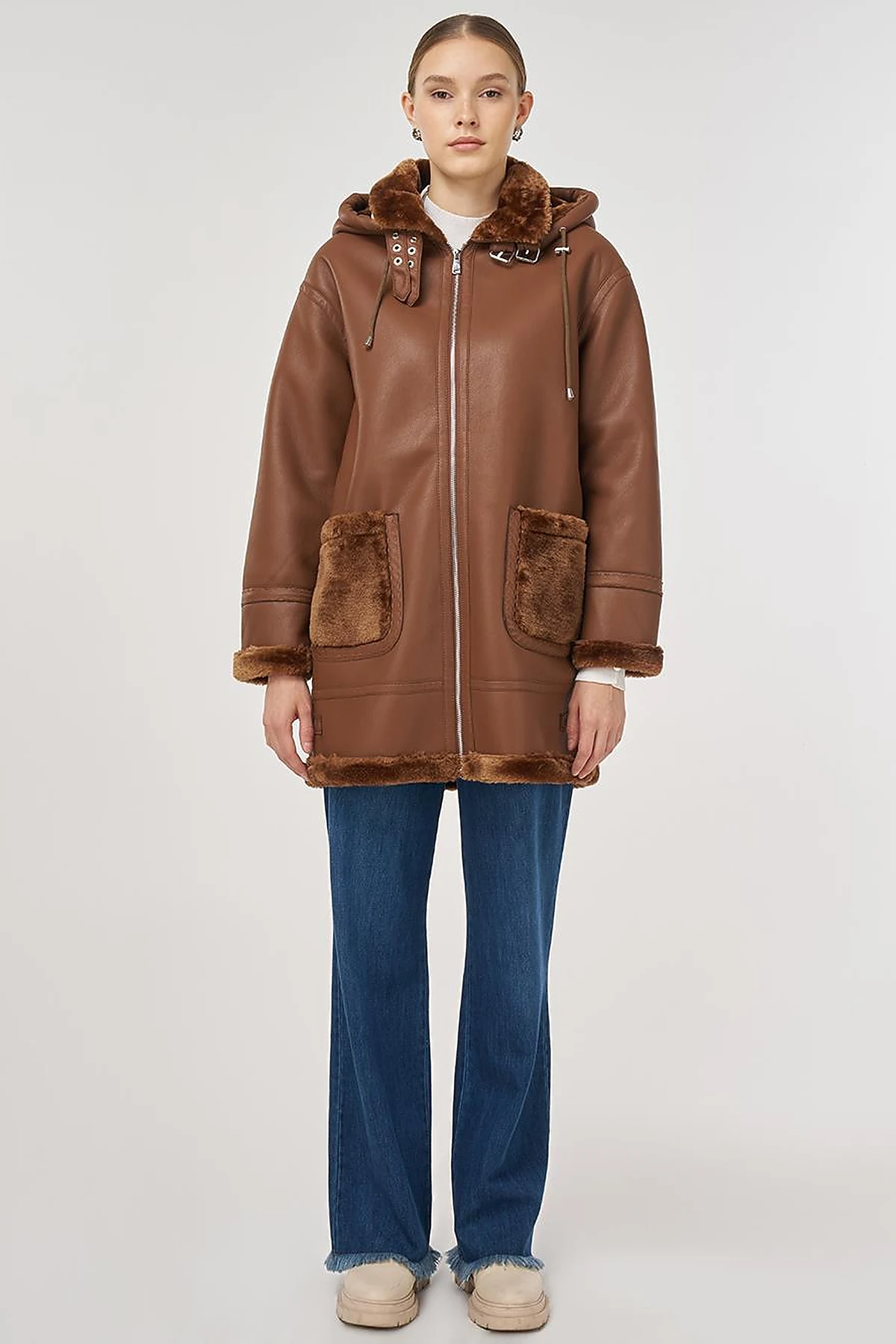 Belted Faux Leather Coat Dark Camel 