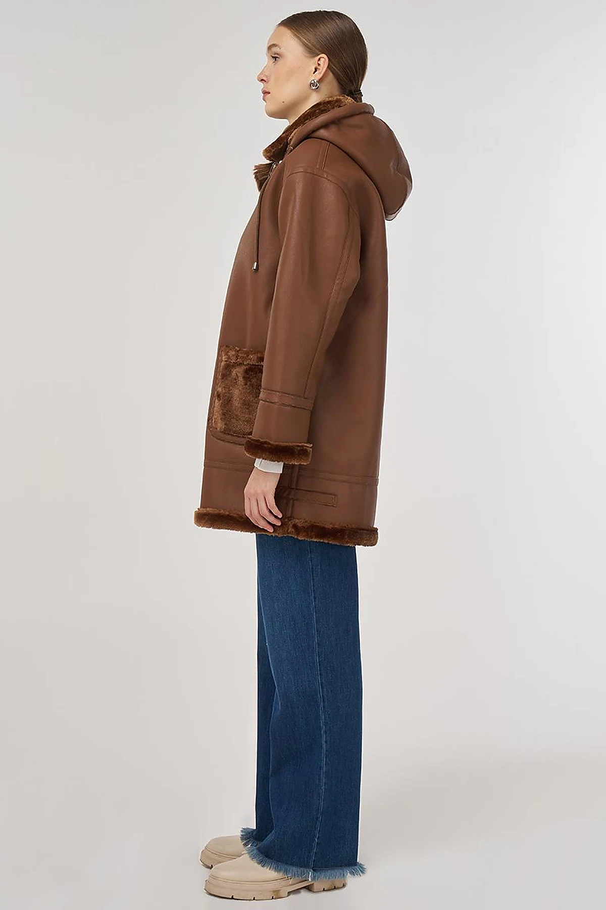 Belted Faux Leather Coat Dark Camel 
