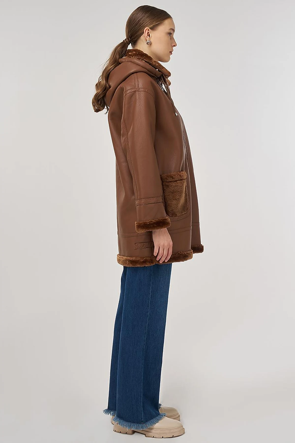 Belted Faux Leather Coat Dark Camel 