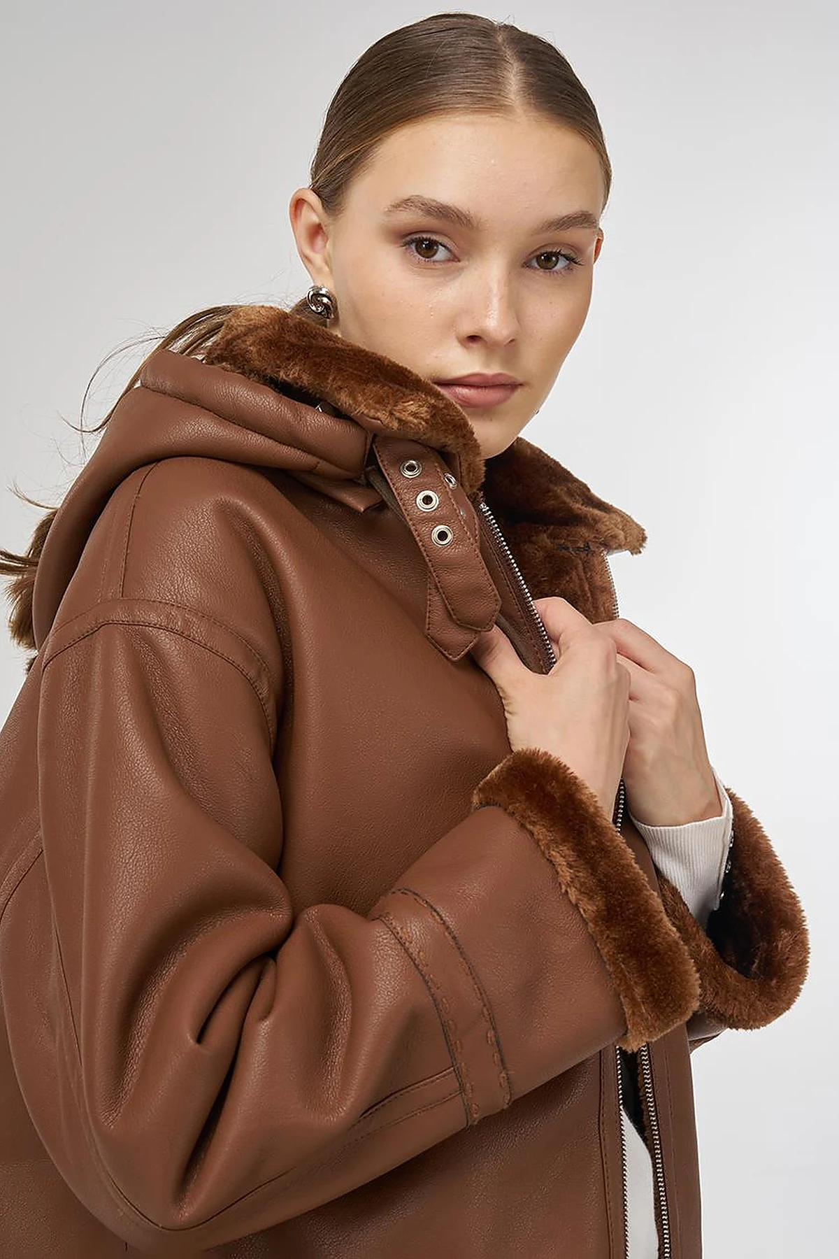 Belted Faux Leather Coat Dark Camel 