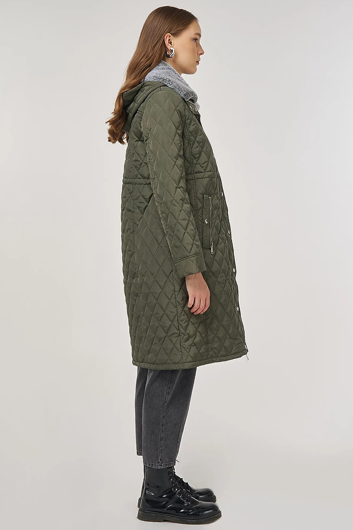 Fur-Detail Anorak Coat in Khaki