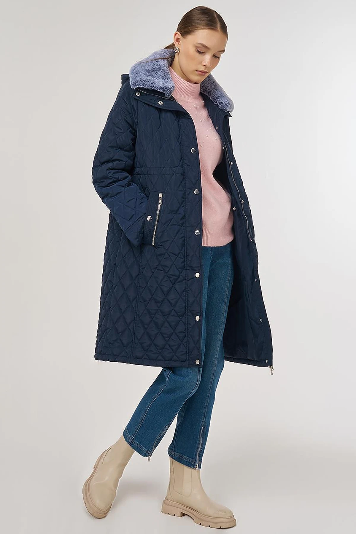 Kürk Detaylı Anorak Mont Lacivert