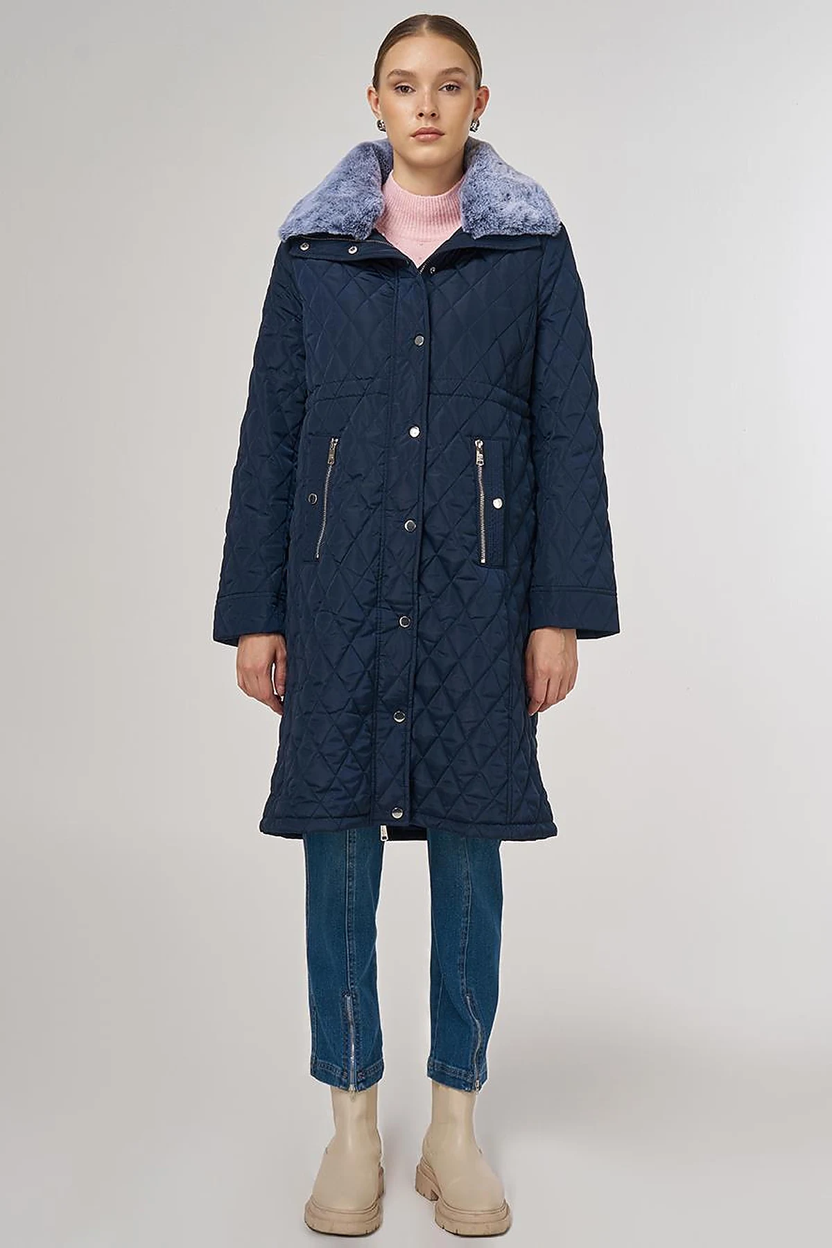 Kürk Detaylı Anorak Mont Lacivert