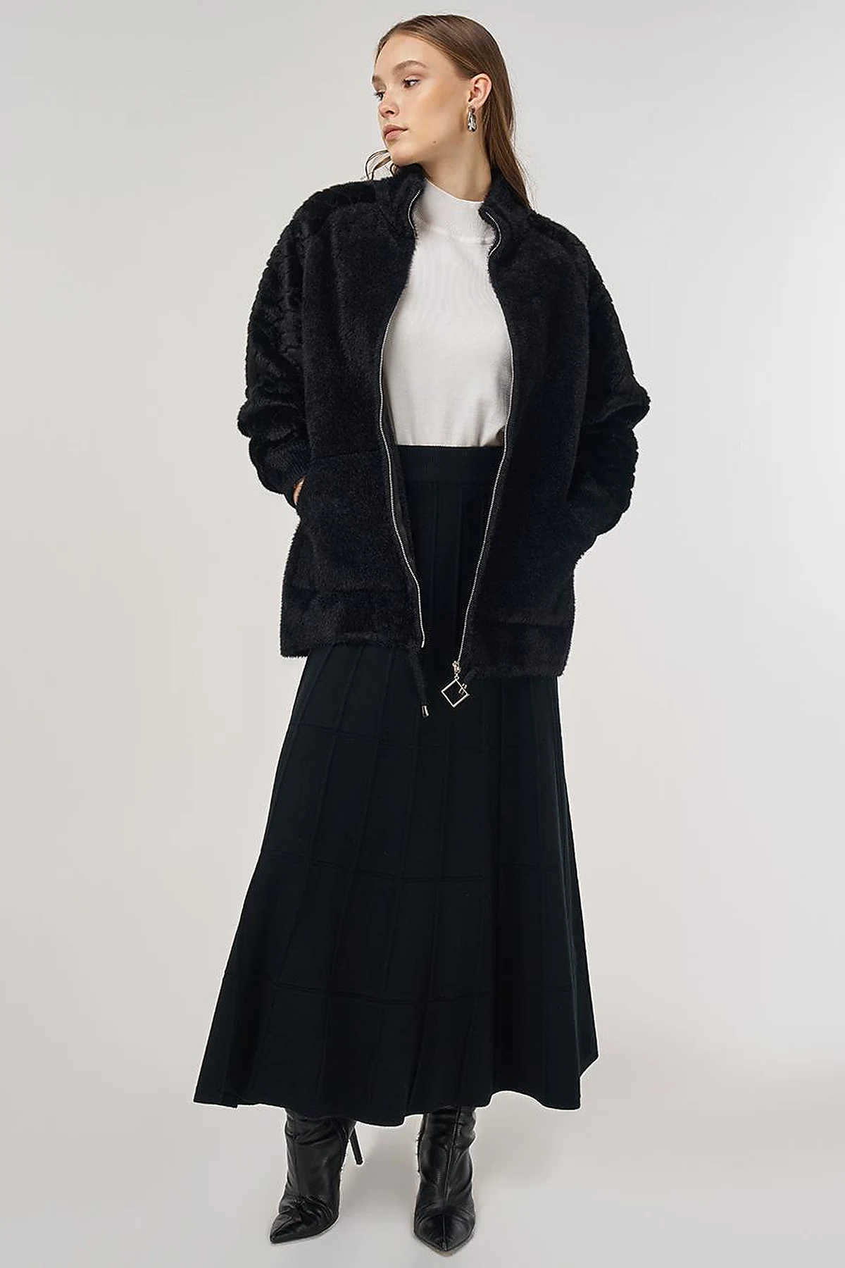 Knit Jacket with Plush Trim in Black 