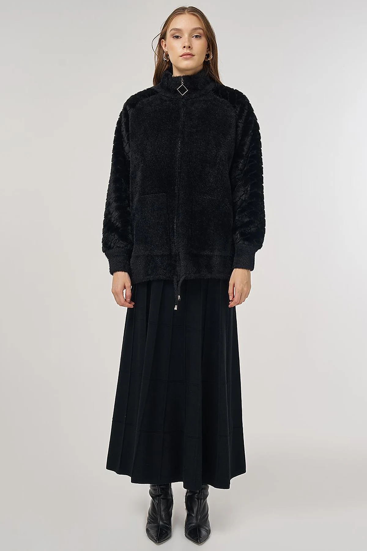 Knit Jacket with Plush Trim in Black 