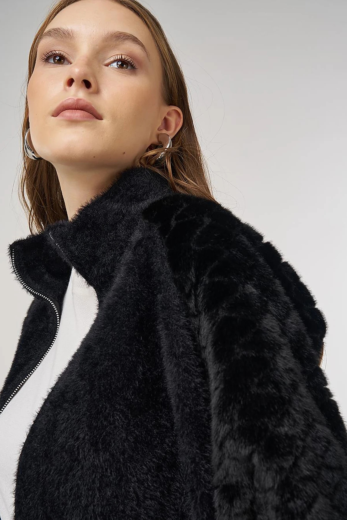 Knit Jacket with Plush Trim in Black 