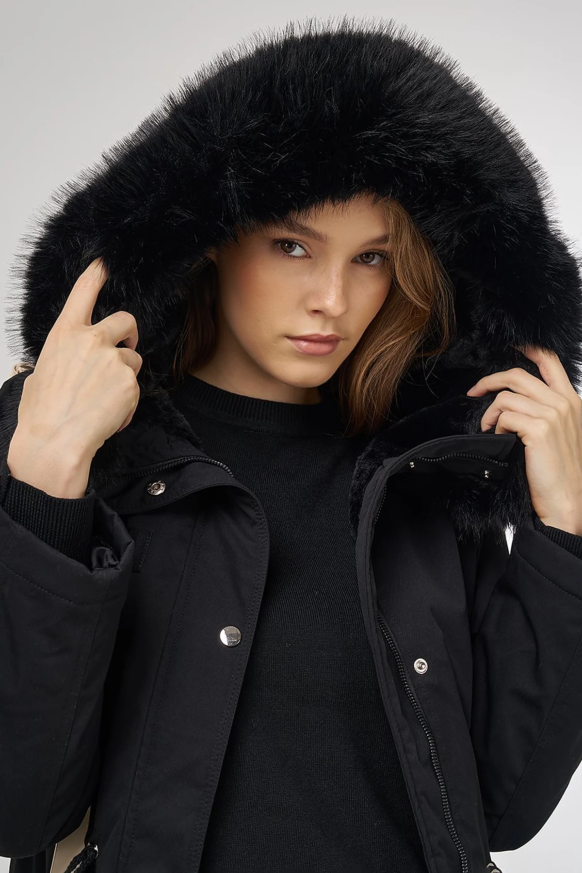 Faux Fur Anorak Jacket Black