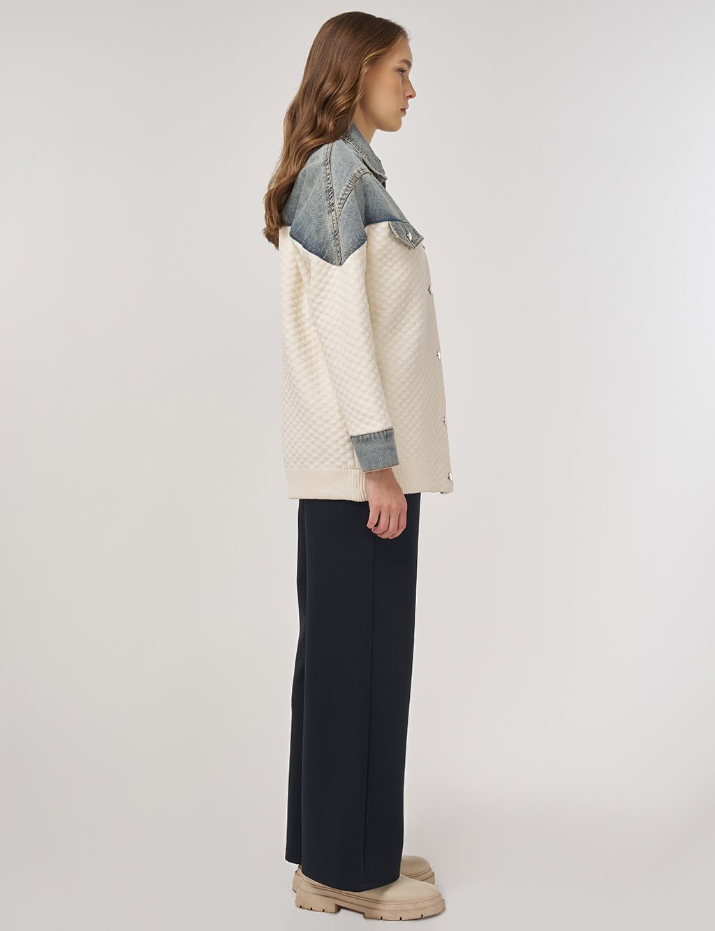 Denim-Trimmed Jacket Cream 