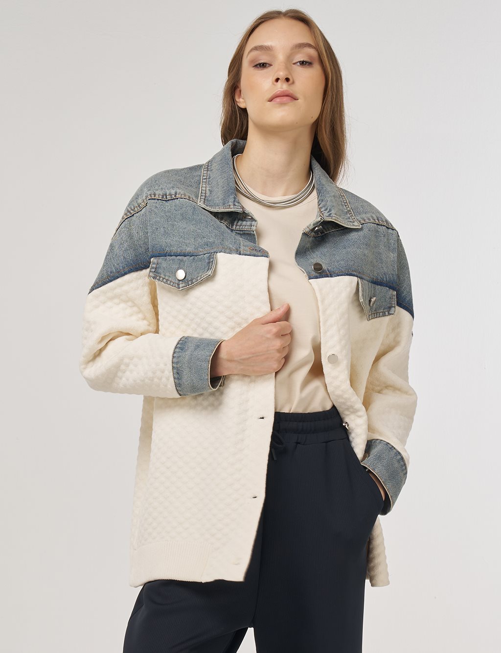 Denim-Trimmed Jacket Cream 