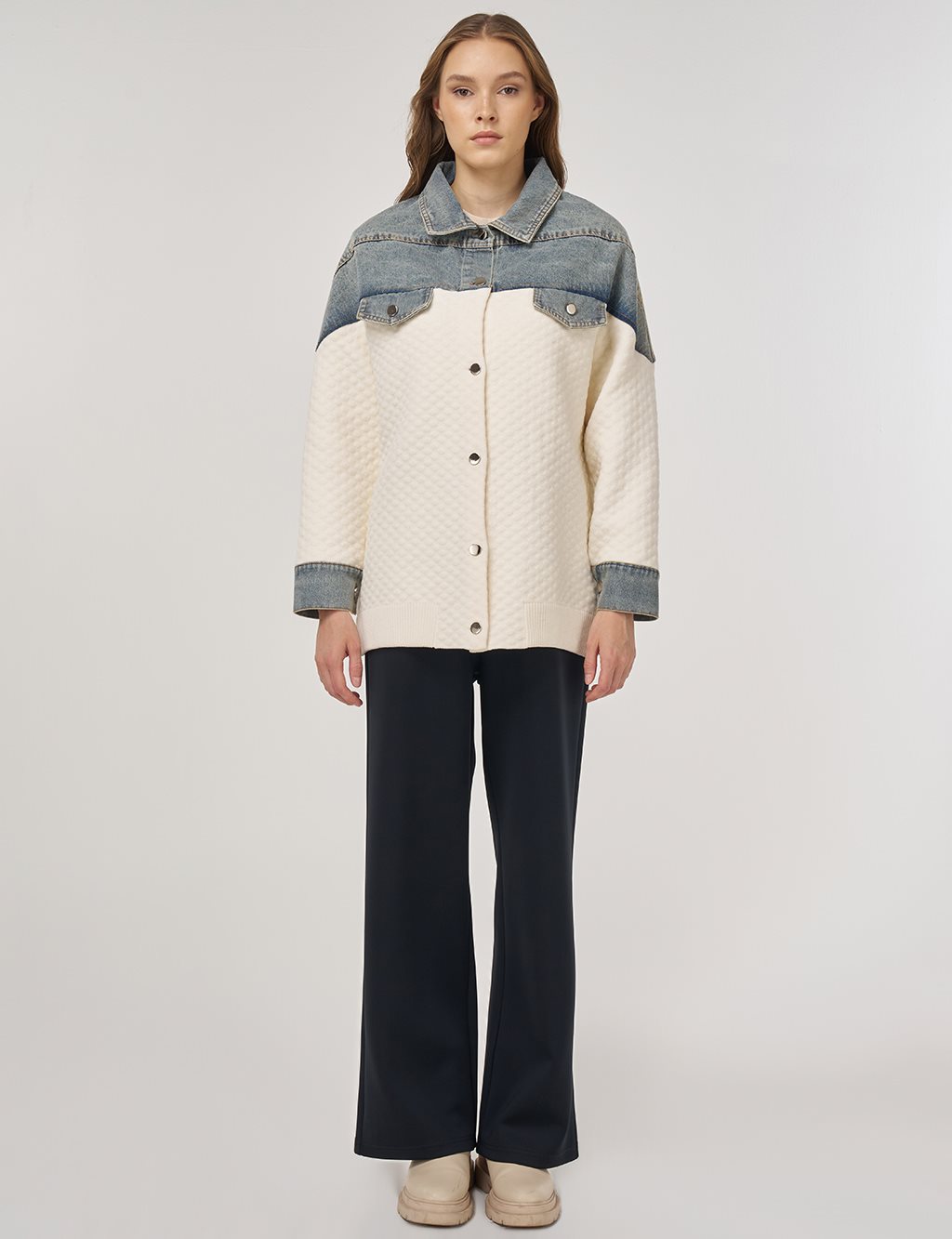 Denim-Trimmed Jacket Cream 