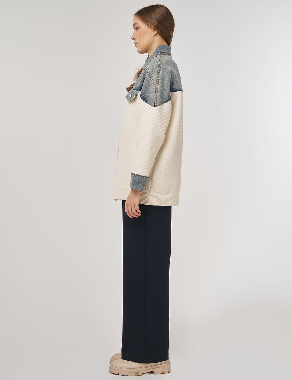 Denim-Trimmed Jacket Cream 