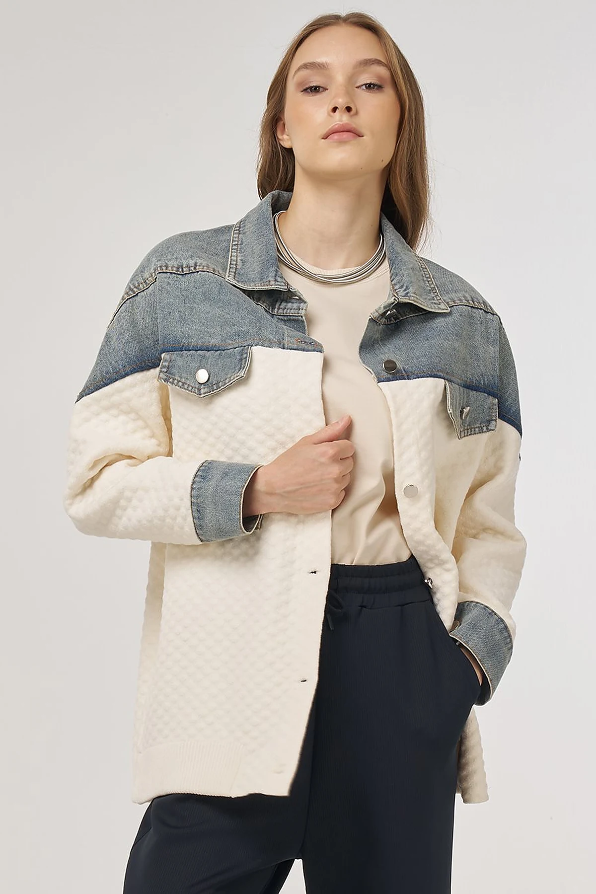 Denim-Trimmed Jacket Cream 