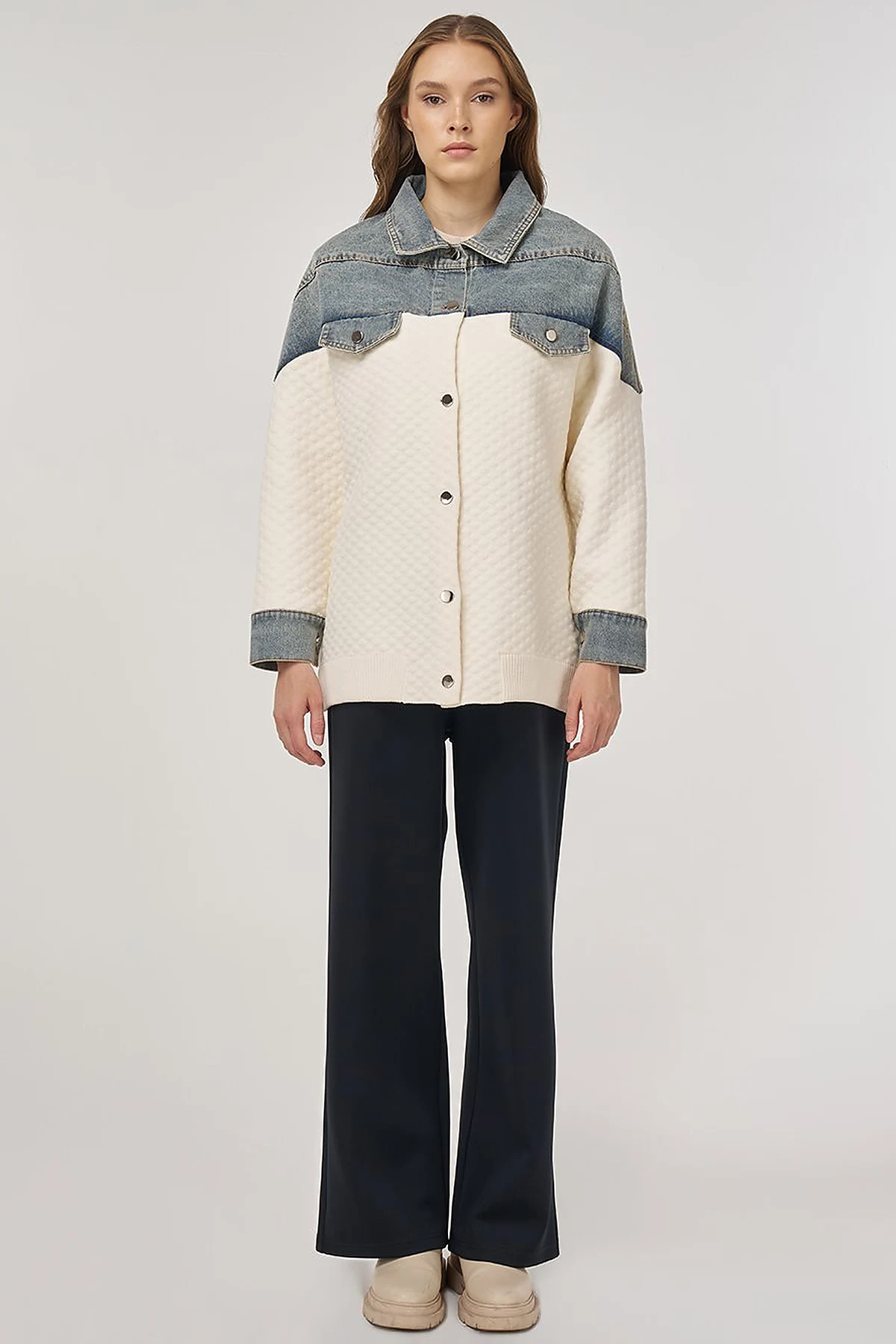Denim-Trimmed Jacket Cream 