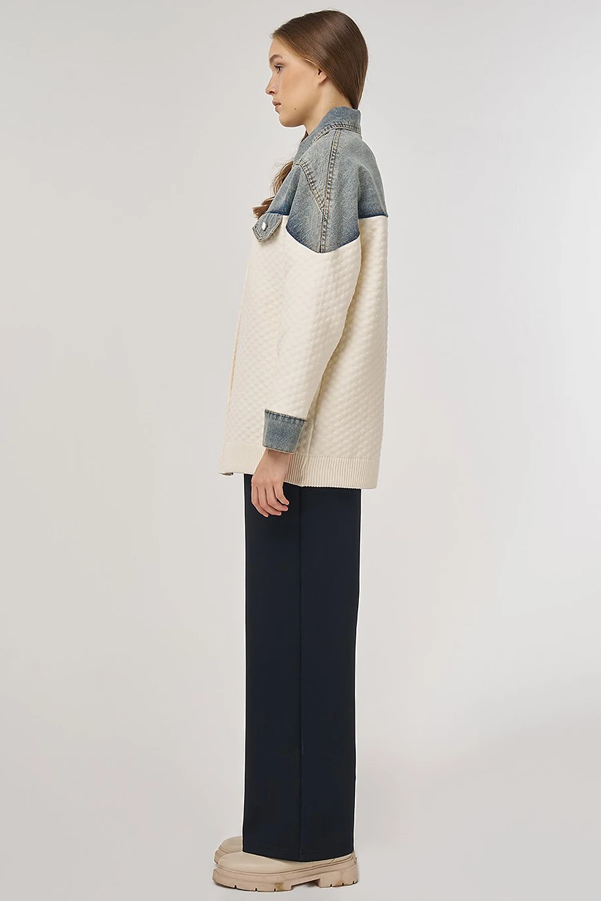 Denim-Trimmed Jacket Cream 