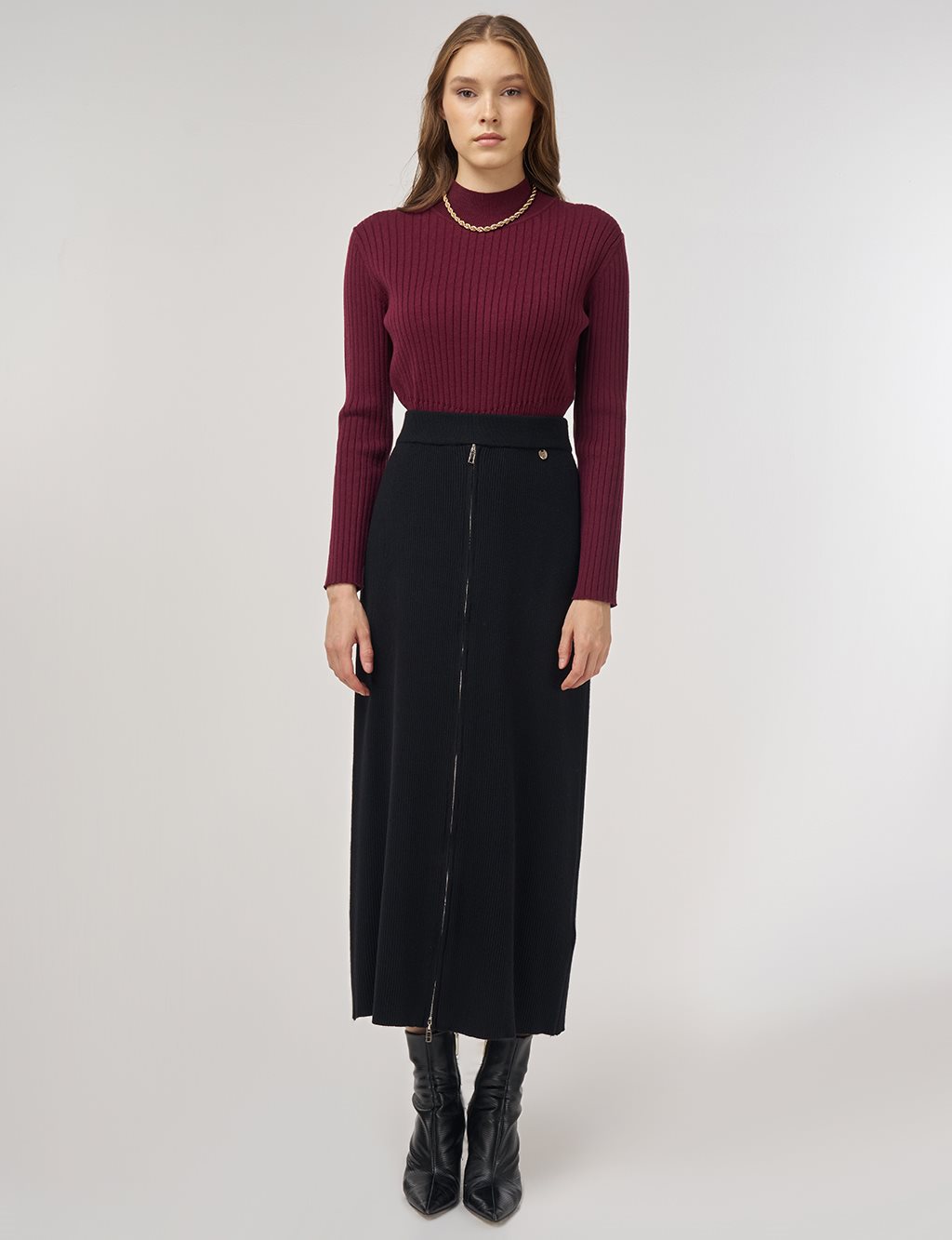 Zipper Detailed Viscose Knit Skirt Black 