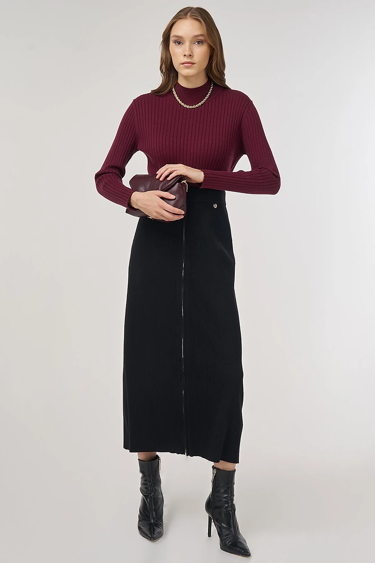 Zipper Detailed Viscose Knit Skirt Black 