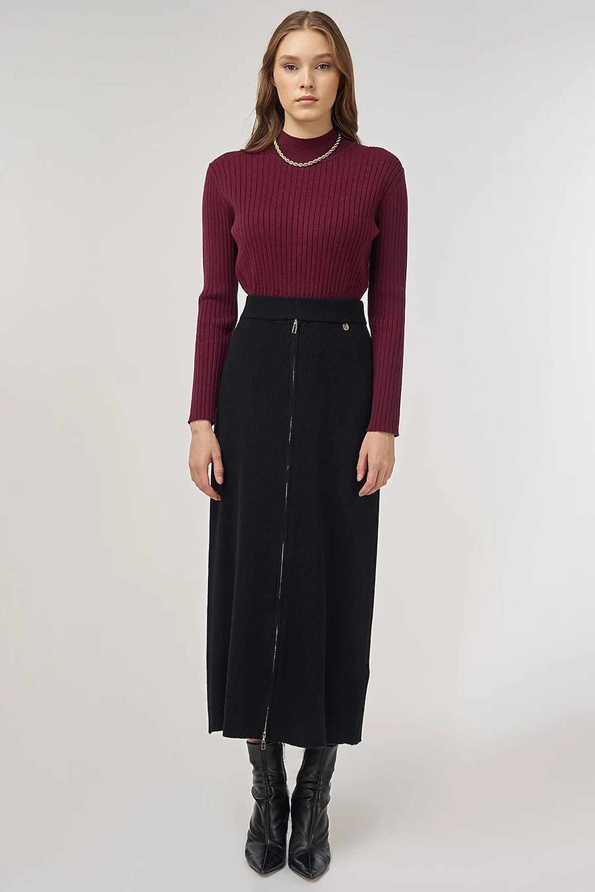 Zipper Detailed Viscose Knit Skirt Black 