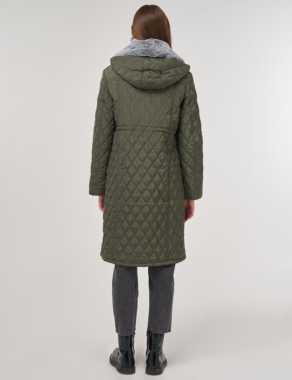 Fur-Detail Anorak Coat in Khaki