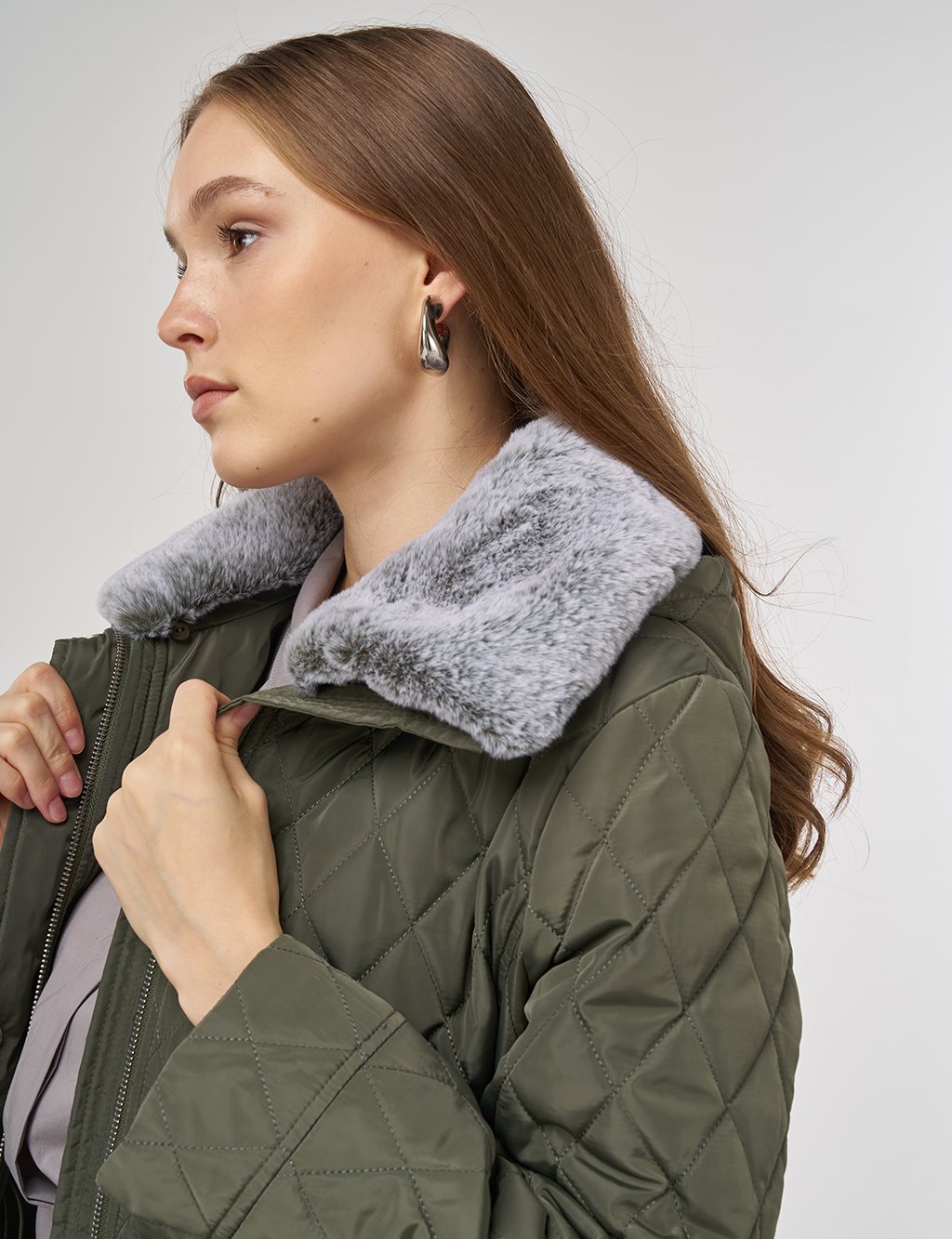 Fur-Detail Anorak Coat in Khaki