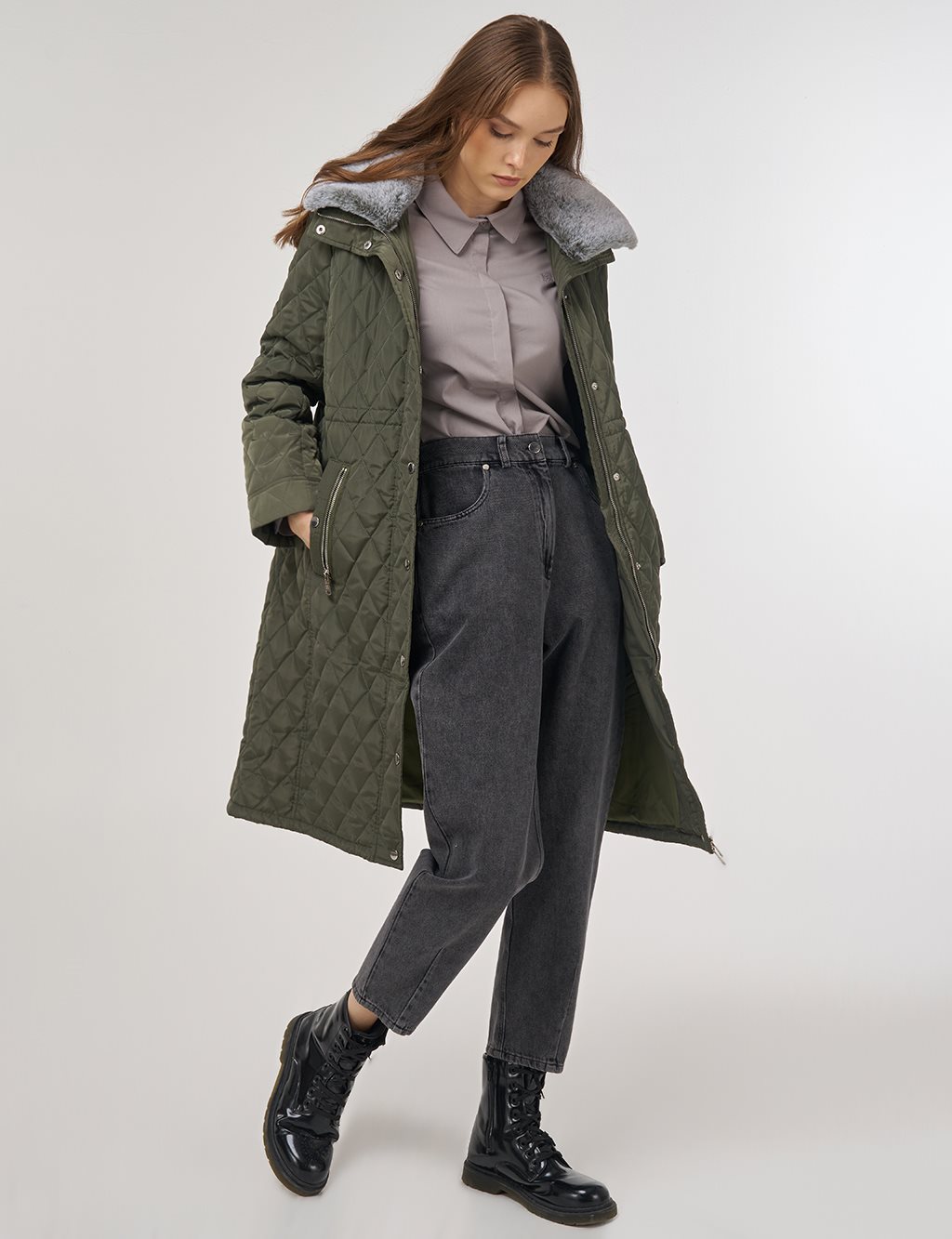 Fur-Detail Anorak Coat in Khaki