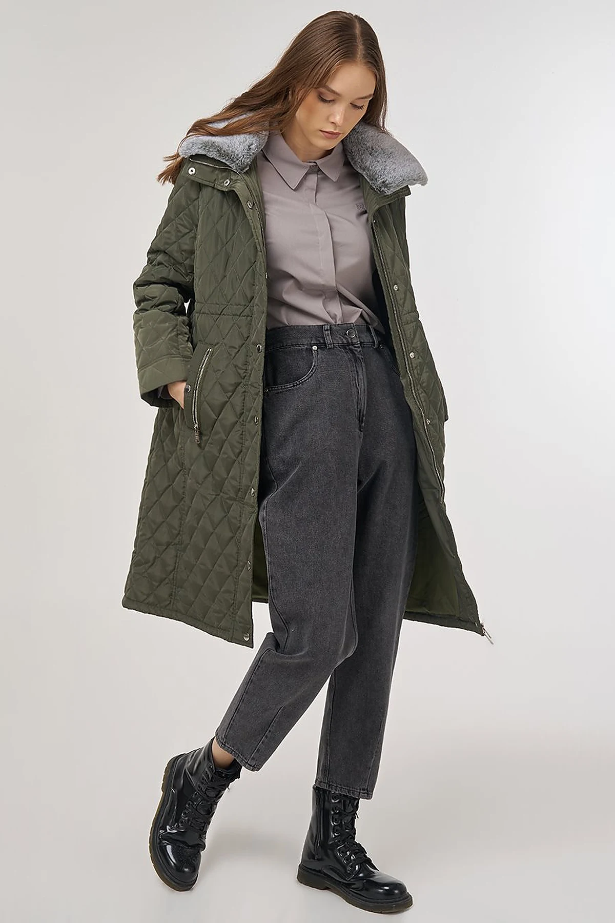 Fur-Detail Anorak Coat in Khaki
