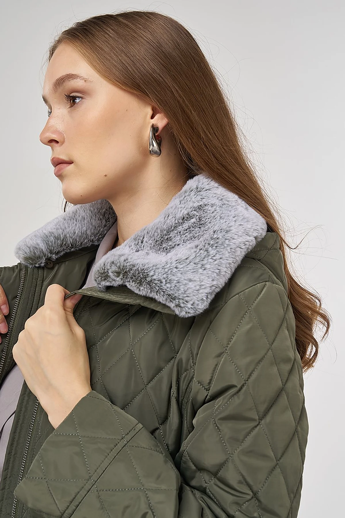 Fur-Detail Anorak Coat in Khaki