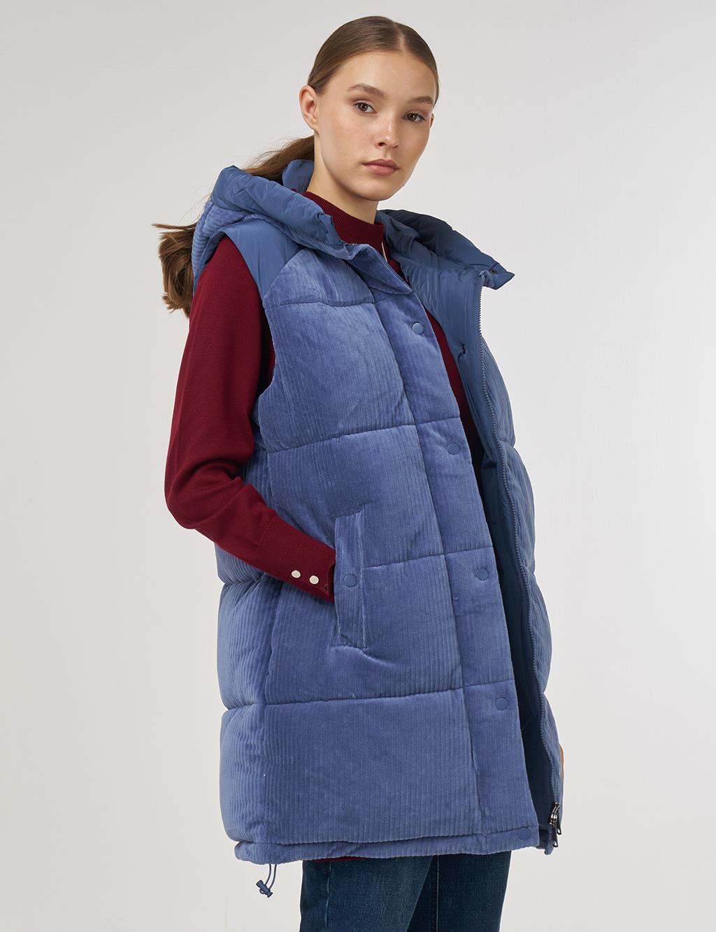 Velvet-Trimmed Puffer Vest Navy