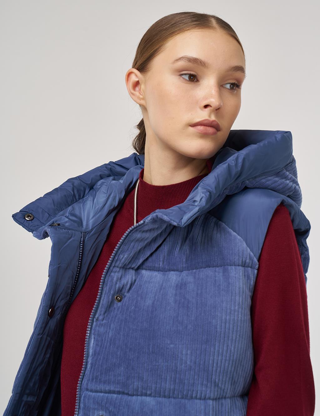 Velvet-Trimmed Puffer Vest Navy