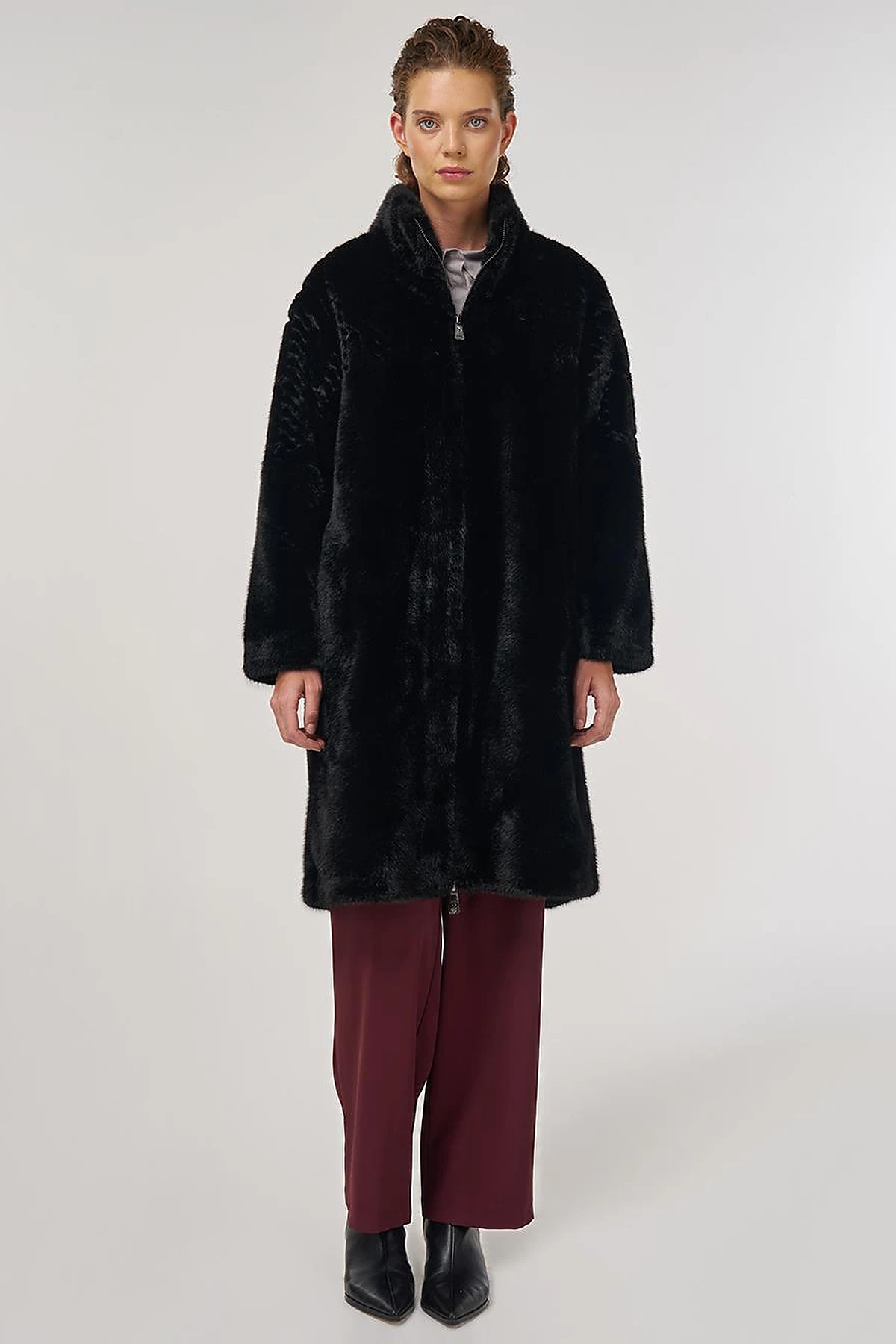 Stand-Collar Plush Coat Black