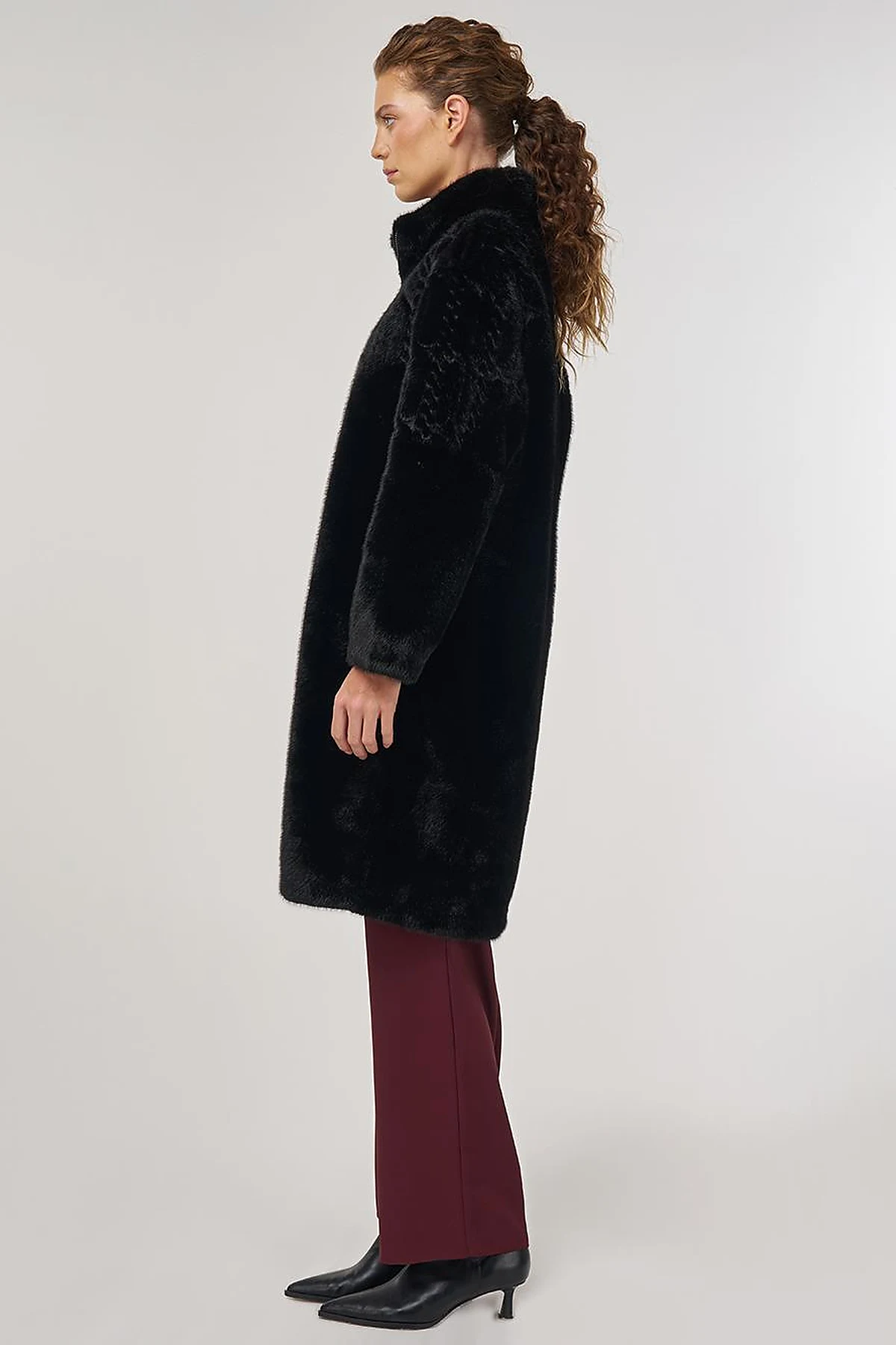 Stand-Collar Plush Coat Black