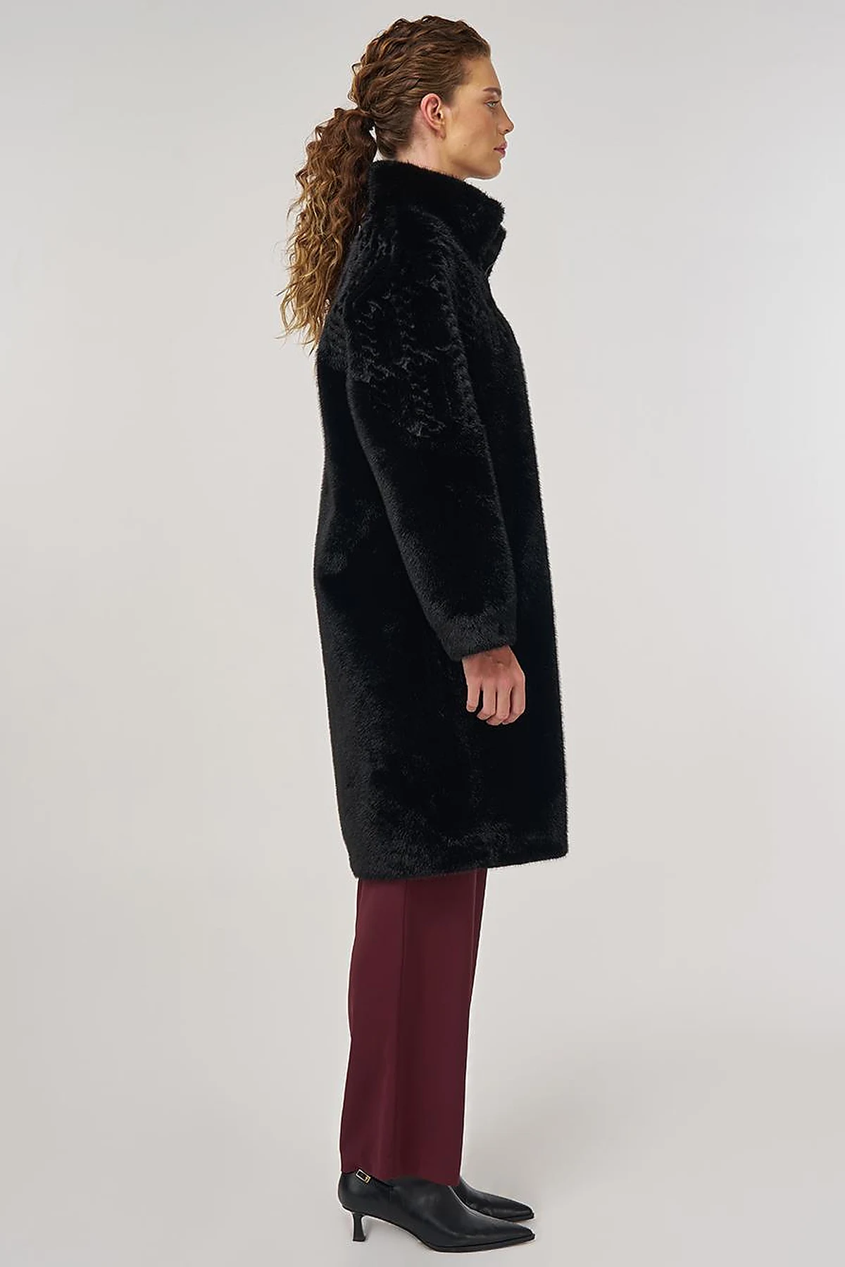 Stand-Collar Plush Coat Black