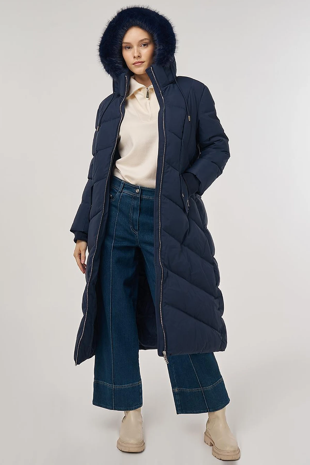 Faux Fur Detailed Anorak Coat in Navy 