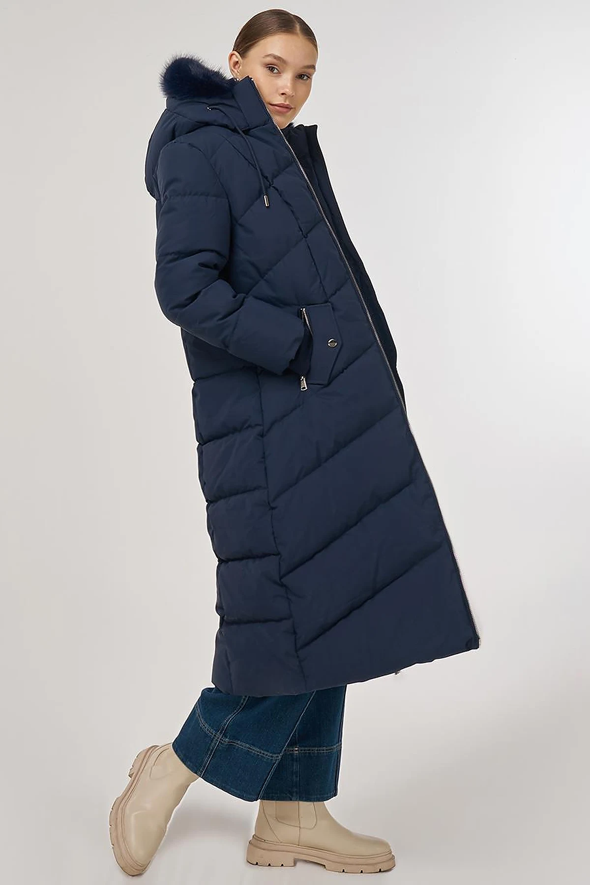 Faux Fur Detailed Anorak Coat in Navy 