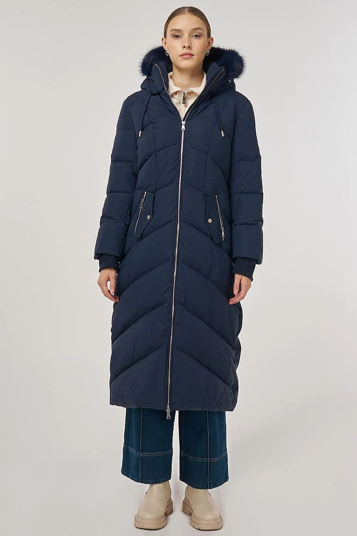Faux Fur Detailed Anorak Coat in Navy 