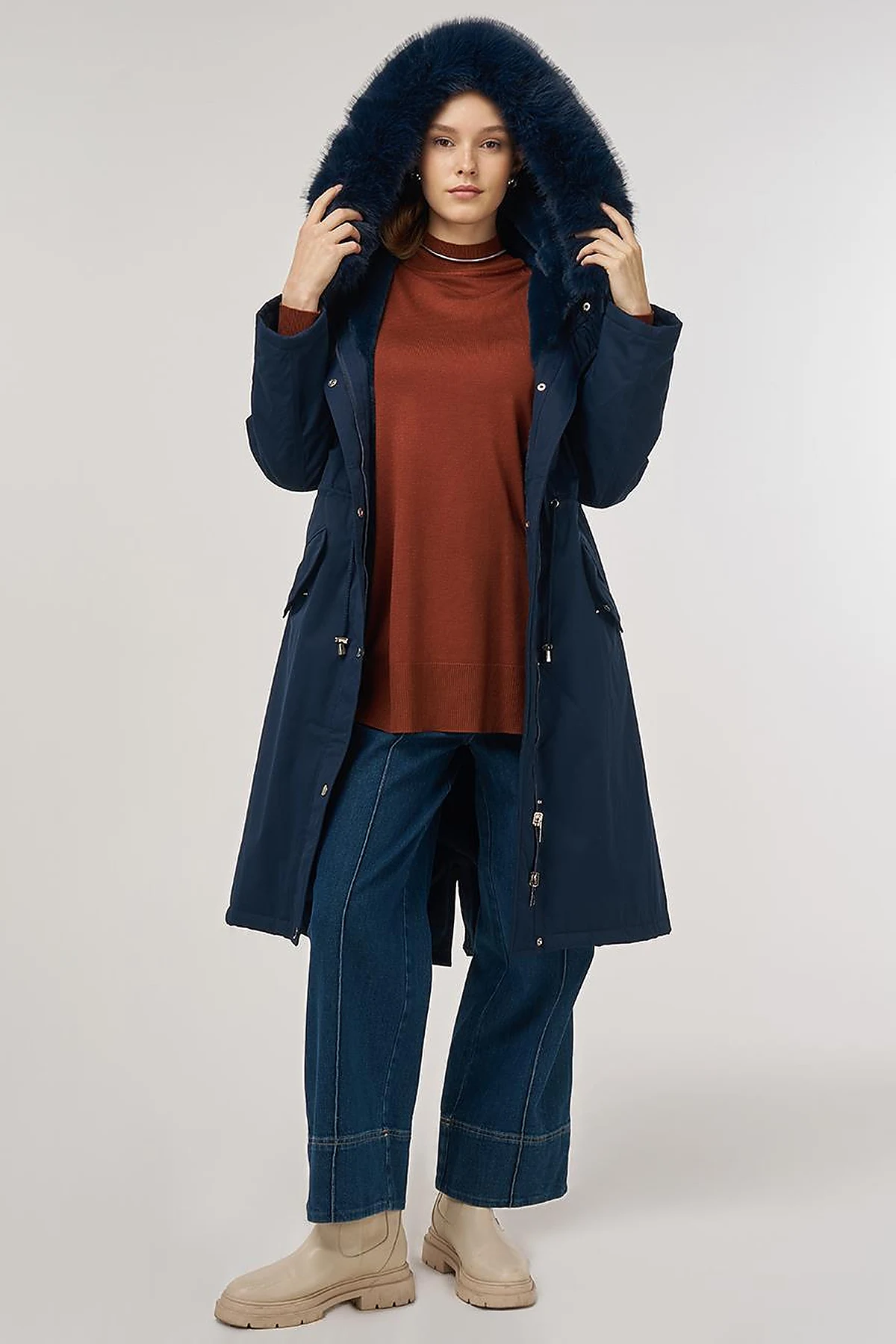 Faux Fur Anorak Jacket Navy 